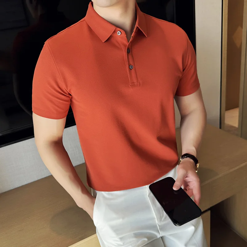 

Summer Cotton Men Polos Comfortable Seamless Adhesive Luxury Polo Shirt Men's Solid Color Short Sleeve Lapel T-shirt Orange 2024