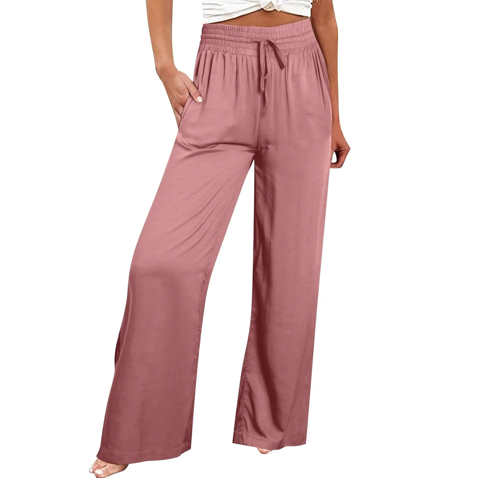 

Wide Leg Pants For Women High Elastic Waist Flowy Palazzo Pants Casual Loose Comfy Trousers With Pockets 한국 동대문 고퀄 의류 2024