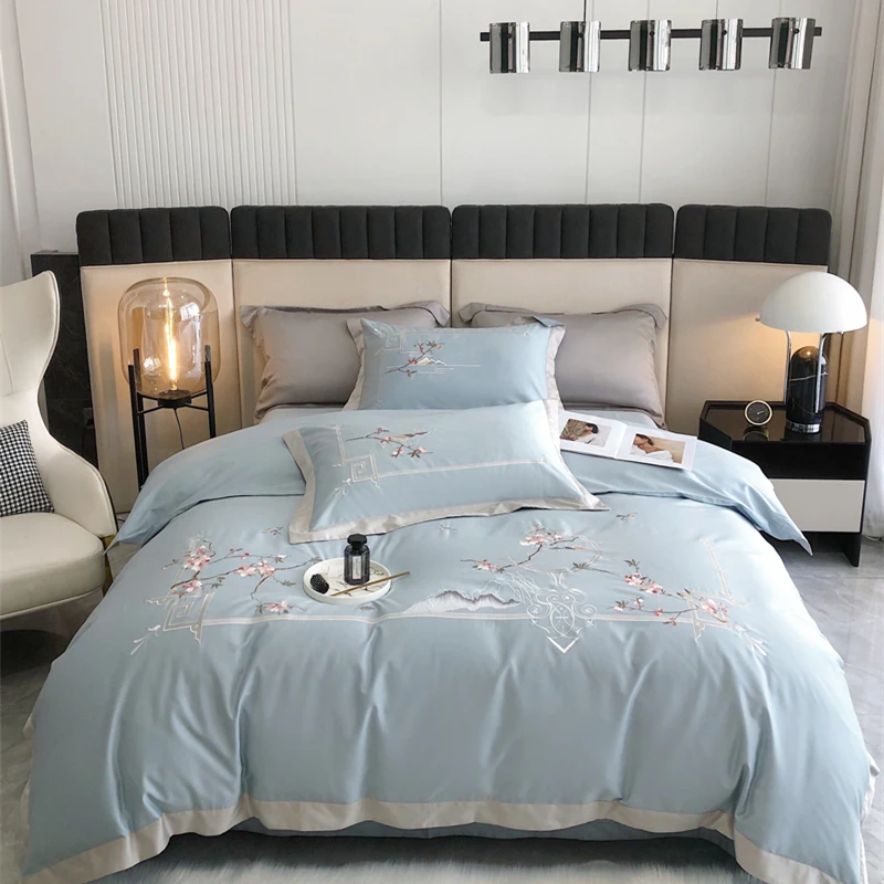 Chinese Style Embroidered Bedding Set 600TC AU Cotton Sheet Pillowcase Duvet Cover Set 4Pcs for Home(Queen King Size,Blue/Pink) Chinese Style Embroidered Bedding Set 600TC AU Cotton Sheet Pillowcase Duvet Cover Set 4Pcs for Home(Queen King Size,Blue/Pink)