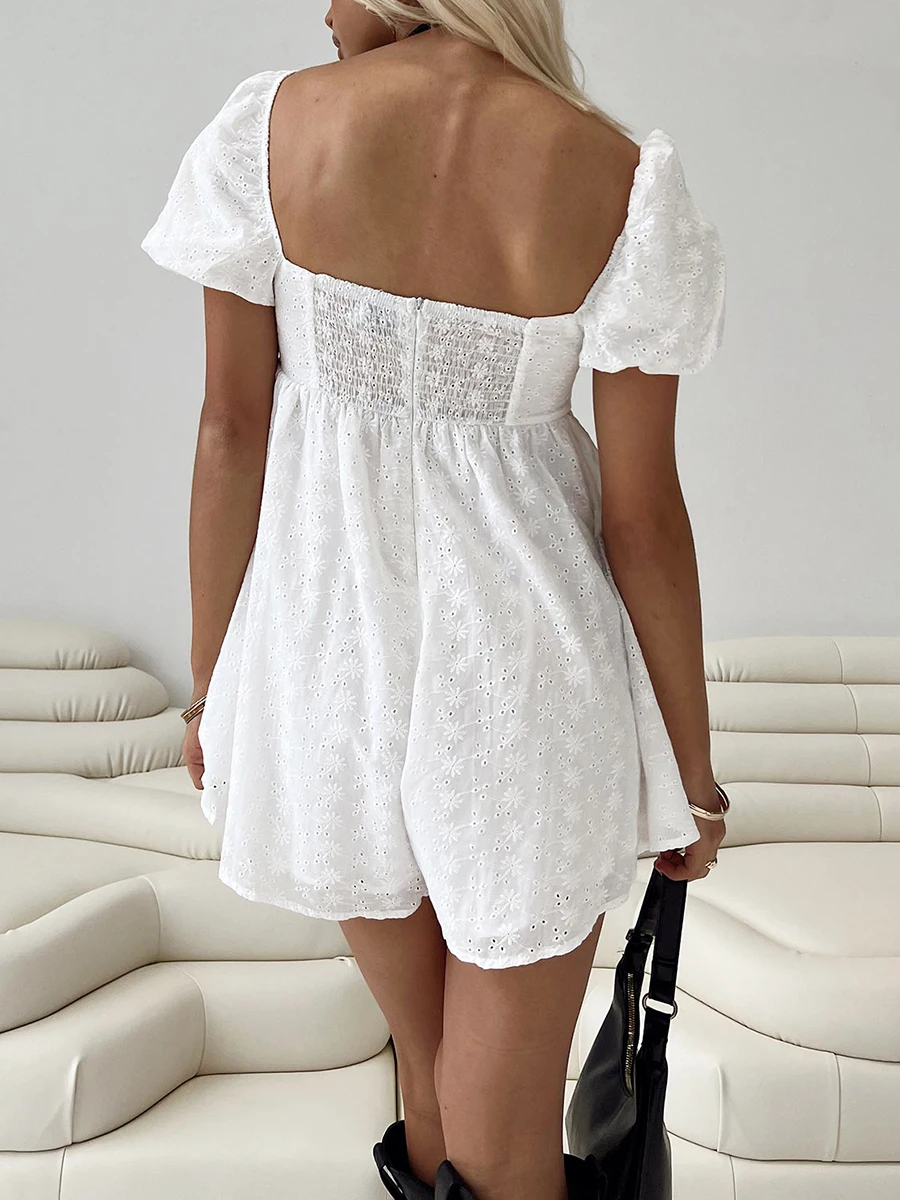 

Women s Summer Romper Dress Casual Short Puff Sleeve Solid Color Eyelet Jumpsuit Shorts Beachwear