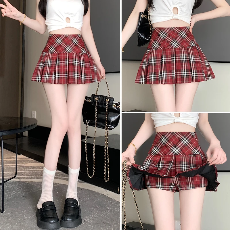 

2024 Summer New Retro Versatile Checkered Pleated A-line Short Skirt Fashion and Leisure Academy Style Anti glare Half skirt