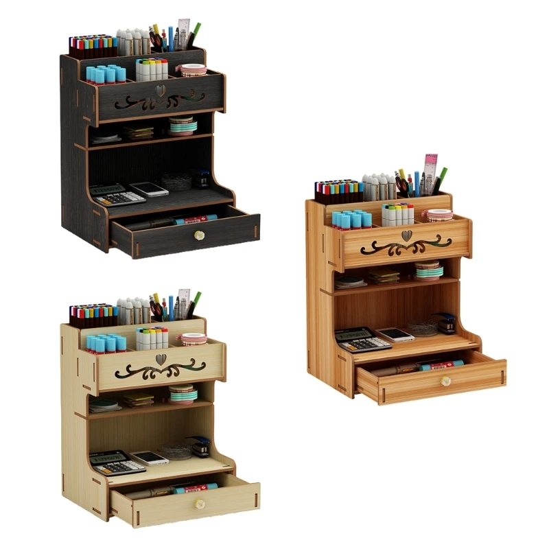 

Wooden Pen Holder with Drawer Organizer Rack Multi-Functional Desktop Stationary Pencil Box Home Office Art Supplies J60A