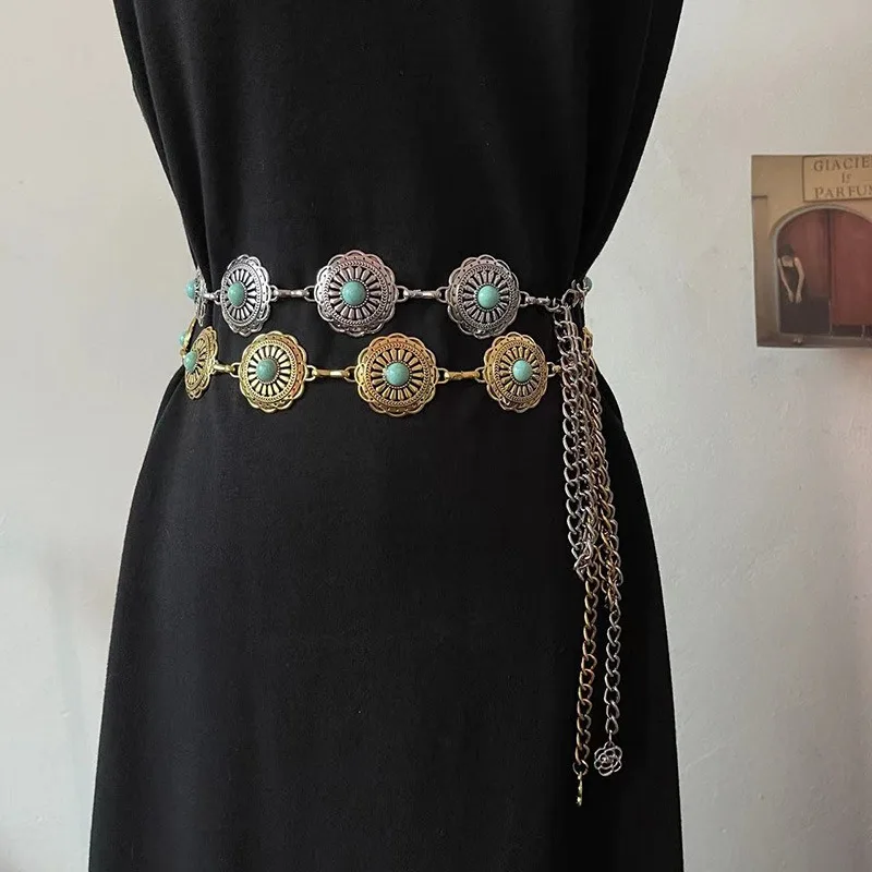 

Maikun Vintage Bohemian Faux Turquoise Waist Chain Women's Thin Skirt Embellished Shirt Metal Chain Belt Accessory