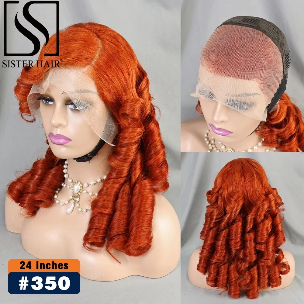 

Ginger Orange 24inch 300% Egg Roll Wave Lace Wig 13x4 Transparent Lace Frontal Wigs Bouncy Curly Human Hair Wigs PrePlucked Remy