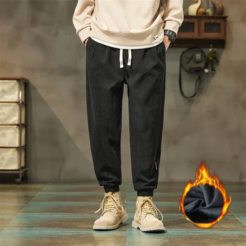 

Autumn/Winter Corduroy Ankle Loose Bundle Feet Cargo Casual Pants Men Add Fleece Thicken Streetwear Joggers