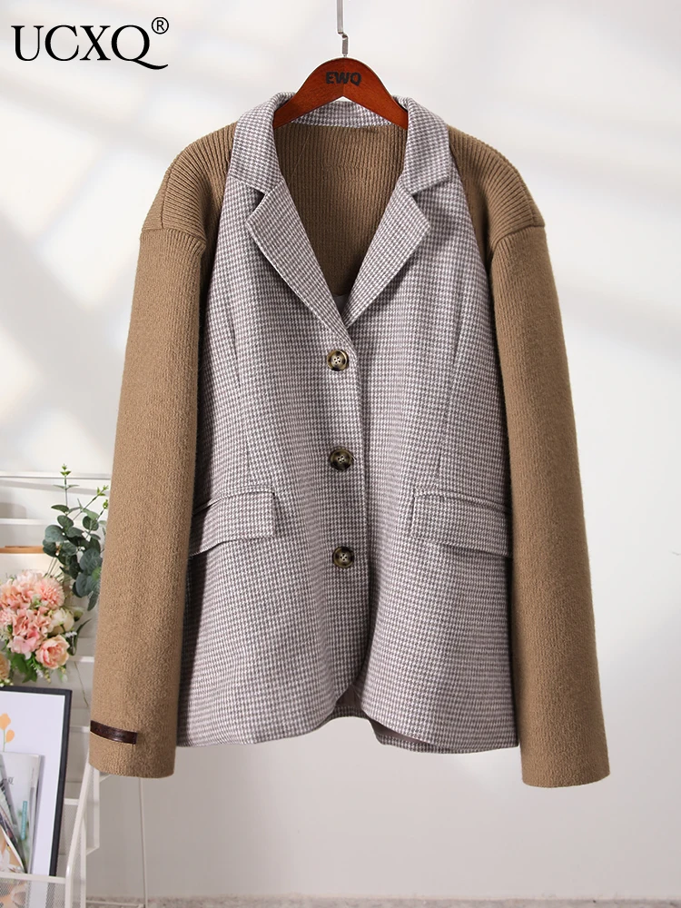 

UCXQ Knit Splicing Long Sleeved Women Clothing Plaid Pockets Long Sleeve Office Lady Khaki Blazer Suit Coat Autumn 2023 Winter