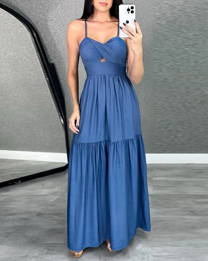

Dress for Women 2024 Summer Sexy Hollow Open Back Tied Detail Spaghetti Strap Ruched Front Denim Look V-Neck Maxi Dress