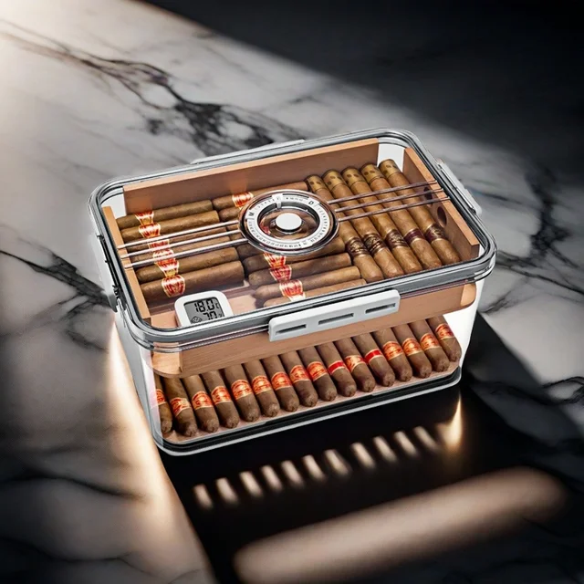 Cave à cigares transparente avec hygromètre, étagère en bois, 100 pièces, matériau PP, portable, multifonction, boîte à cigares scellée 1