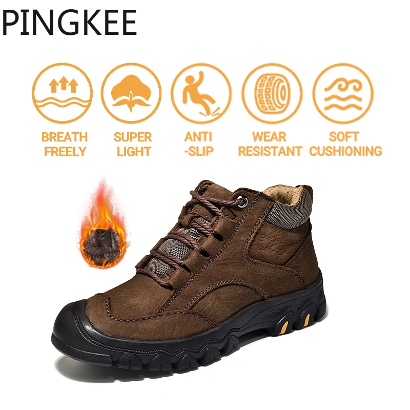

PINGKEE Nubuck Cow Leather Upper Fur Lining Men Casual Shoes Trekking Backpacking Sneakers For Men's Winter Snow Hiking Boots