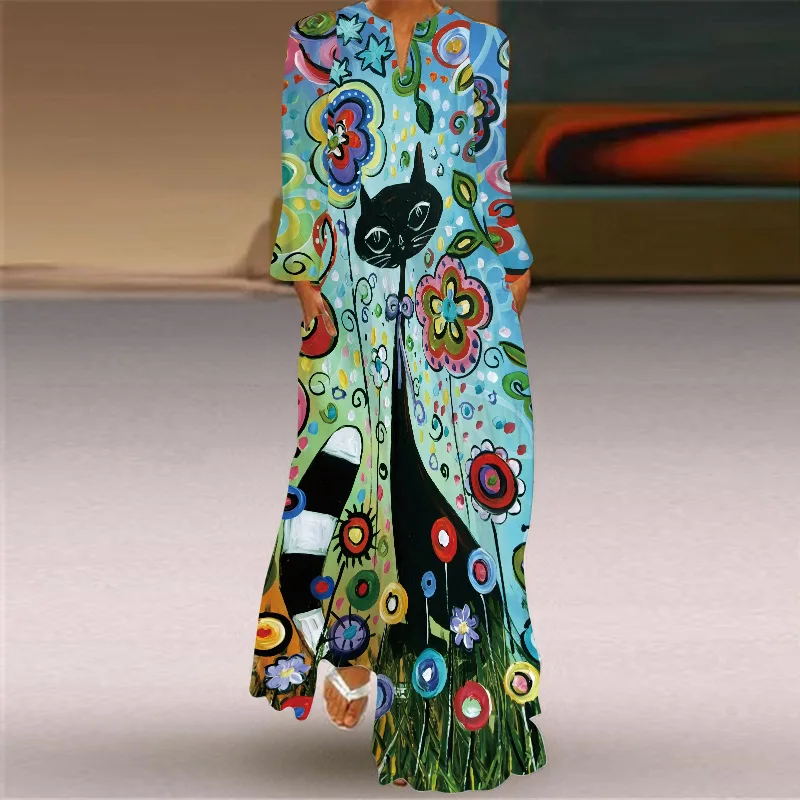 Fashionable Cute Cat Printed Hem Dresses For Women 2023 New Ladies V-neck Long Sleeve Pocket Pullover Loose Fitting Dress Femme
Fashionable Cute Cat Printed Hem Dresses For Women 2023 New Ladies V-neck Long Sleeve Pocket Pullover Loose Fitting Dress Femme