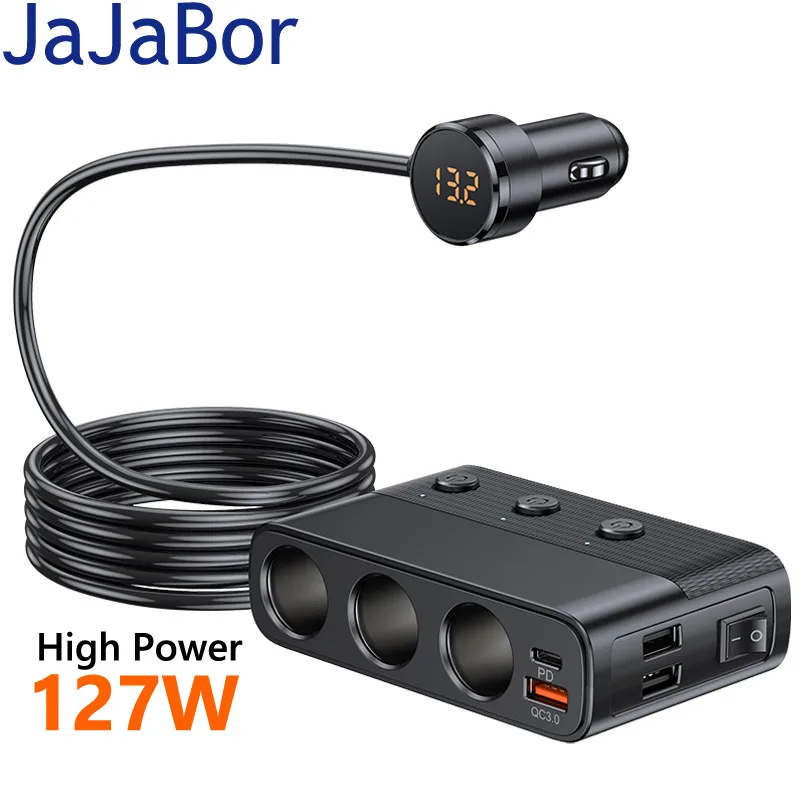 

JaJaBor Car Cigarette Lighter Socket Splitter 7 Ports QC3.0 18W PD 30W Fast Charge Independent Switch 127W High Power Adapter
