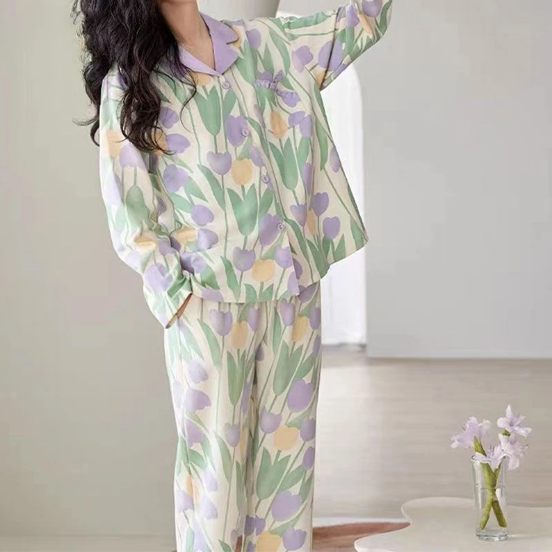 

Women's Pajamas Set Spring and Fall Elegant Tulip Print Long-sleeved Sleepwear New Korean Fashion Loose Homewear Two-piece Suit