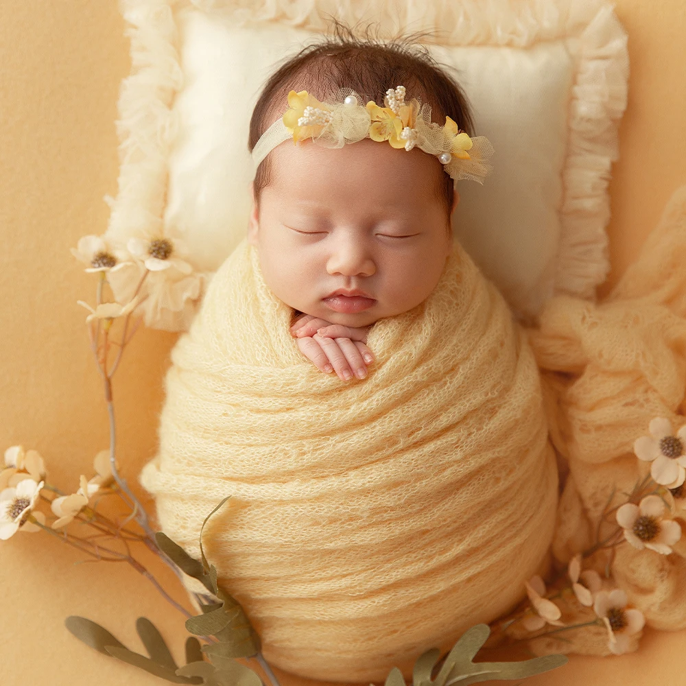 

Newborn Photography Props Yellow Theme Set Baby Blanket Stretchable Wrap Swaddling Lace Hat Headflower Studio Photoshoot Props