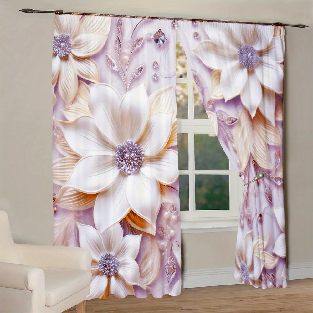 

2pcs Purple Flower Printed Curtain For Home Decor Rod Pocket Window Treatment For Bedroom Office Kitchen Living Room And Study