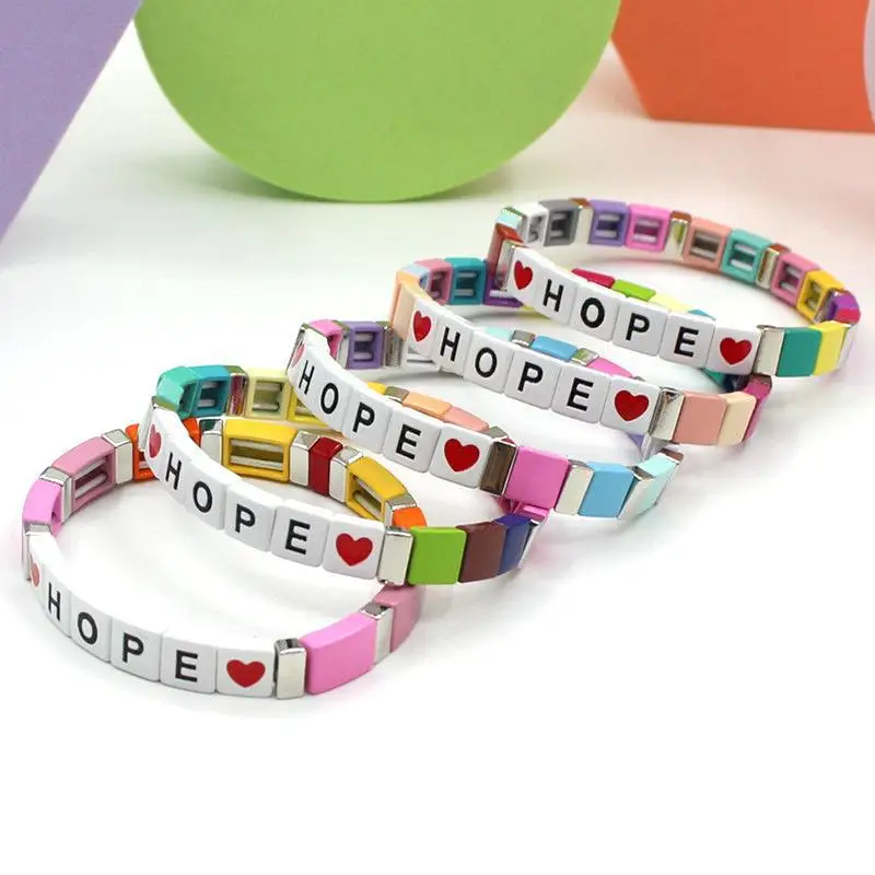 2022 New Fashion Women Letter Enamel Bracelet Boho DIY Rainbow Colorblock Stretch Ladies Cuff Charm Custom Bracelet Jewelry
2022 New Fashion Women Letter Enamel Bracelet Boho DIY Rainbow Colorblock Stretch Ladies Cuff Charm Custom Bracelet Jewelry