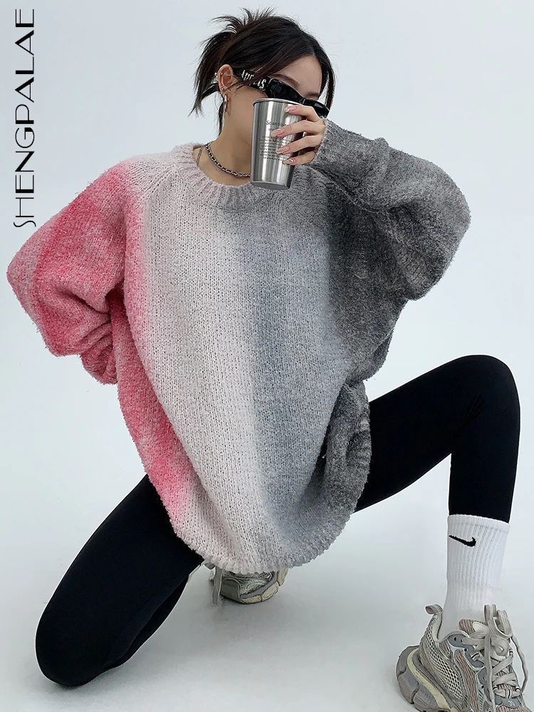 

SHENGPALAE Niche Design Knit Pullover For Women Gradient Color O-neck Fashion Loose Sweater Winter 2023 New Female Tops 5R8369