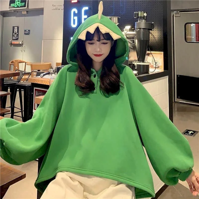

Women 2024 Loose Korean Sculpture Girlfriend Autumn and Winter Sisters Outfit Plus Fleece Hooded Jacket Hoodie Dinosaur Sweater
