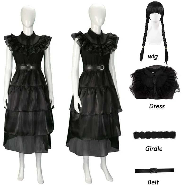 

Wednesday Movie Addams Cosplay Costume Dress Wig Girl Birthday Princess Costume Black Fancy Halloween Costumes for Women Kids