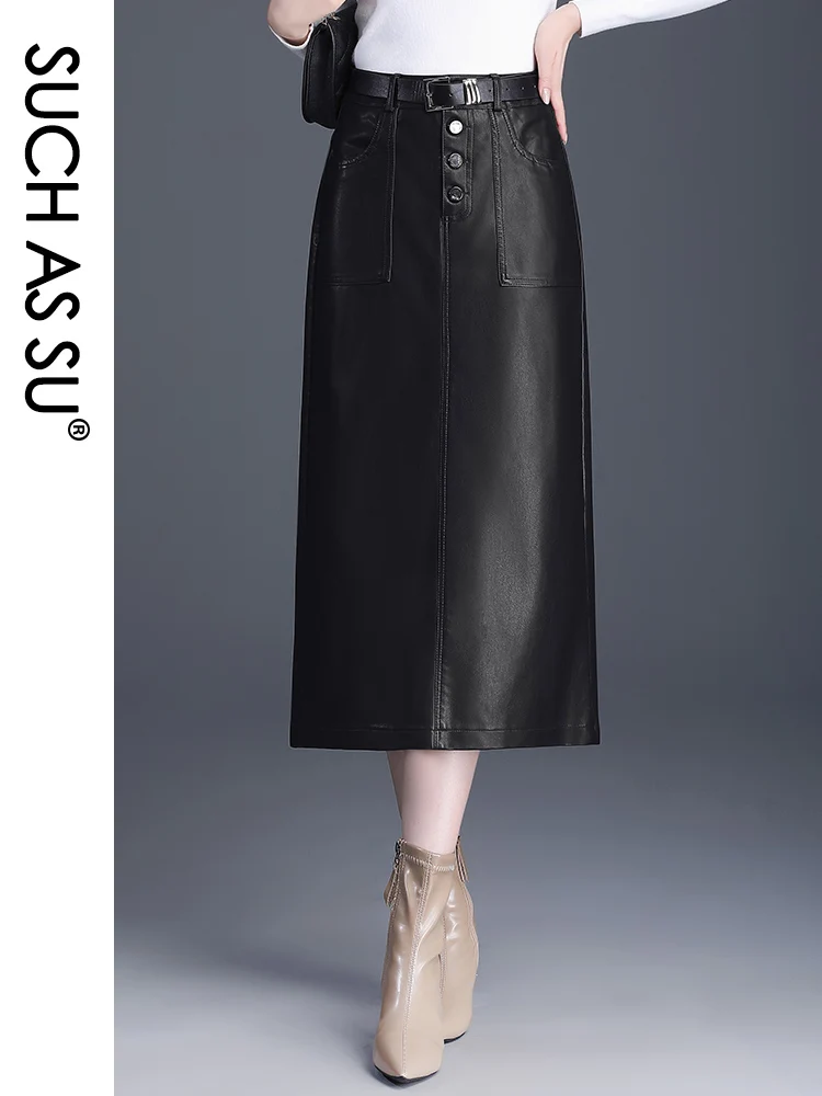 

SUCH AS SU Fashion 2023 PU Leather Women Black Coffee Color High Waist Occupation Work Ladies Pencil S-3XL Size Y2K Skirt Female