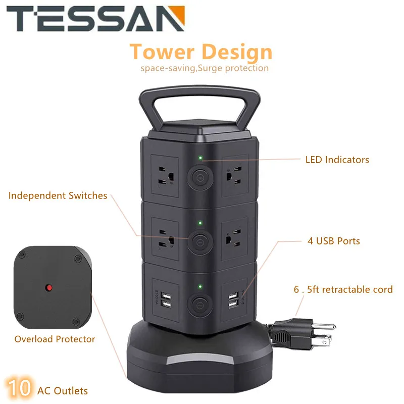 

Сетевой фильтр TESSAN 14 в 1, 10 розеток переменного тока, 4 USB-порта, 3 независимых переключателя, стабилизатор напряжения с выдвижным кабелем 6,5 футов