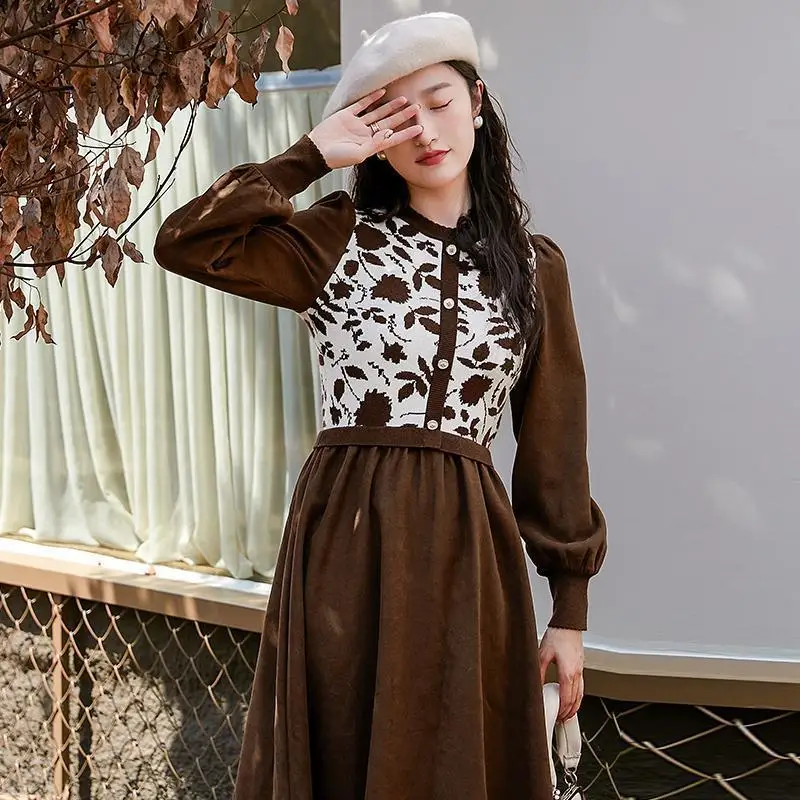 

Fashion Printed Spliced Folds Fake Two Pieces Midi Dress Women's Clothing 2024 Spring New Loose Lantern Sleeve Casual Dresses