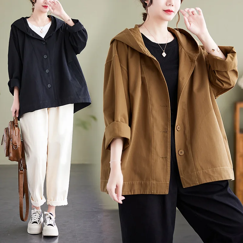 

2024 Spring Hooded Loose Coat Women's Retro Khaki Casual Top Cotton Art Splice Large trench coat Women's Windbreaker