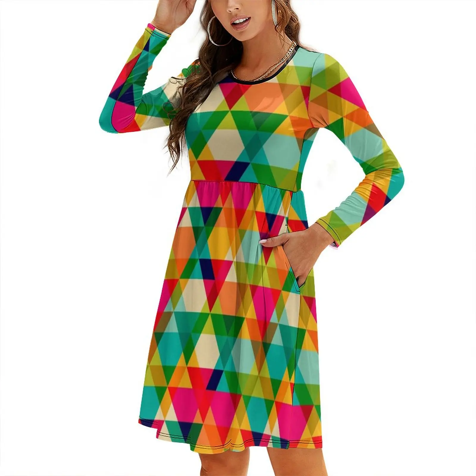 Fun Colorful Bright Geometric Triangle Pattern Round Neck Baggy Dress wedding dresses for woman elegant women's sets
Fun Colorful Bright Geometric Triangle Pattern Round Neck Baggy Dress wedding dresses for woman elegant women's sets