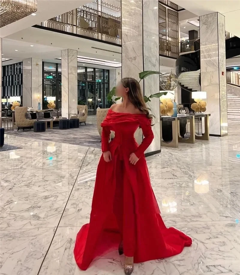 

Romantic Red Satin A-Line Saudi Arabian Ladies Off Shoulder Formal Evening Gown Long Sleeves Celebrity Dress vestidos de noche