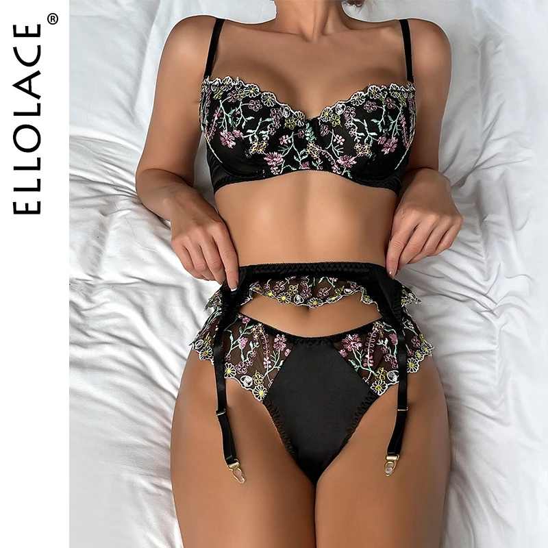 

Ellolace Fairy Lingeries Sets Floral Brazilian Underwear Sexy Push Up Kinky Outfit Lace Ruffle Beauty Set Garter Fancy Intimate