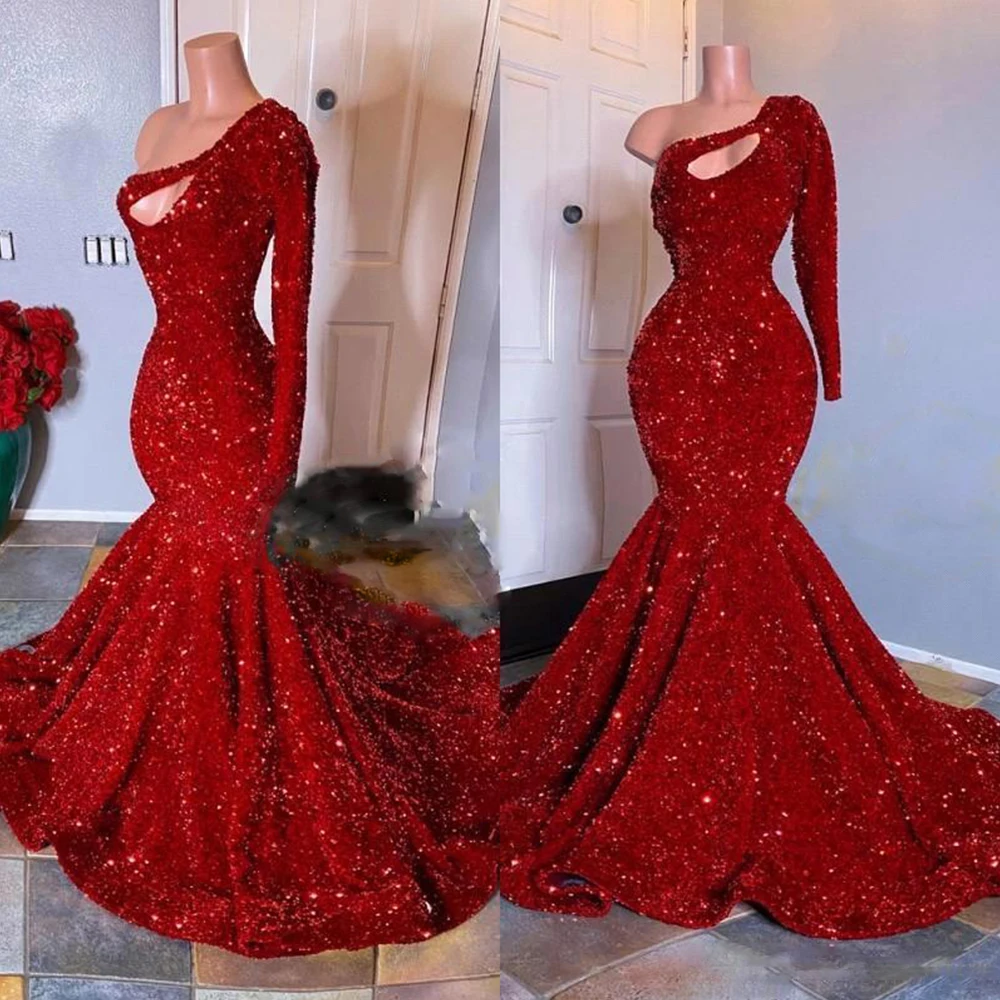 Wine Red Sequin Women's Evening Dresses With One Shoulder Sleeve Mermaid Princess Dance Gowns Formal Fashion Celebrity Party De 
Wine Red Sequin Women's Evening Dresses With One Shoulder Sleeve Mermaid Princess Dance Gowns Formal Fashion Celebrity Party De