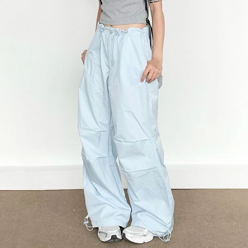 

Women's Blue Cargo Parachute Pants Hippie Korean Style Oversize Baggy Sweatpants Y2K Kpop Leisure Straight Wide Leg Trousers