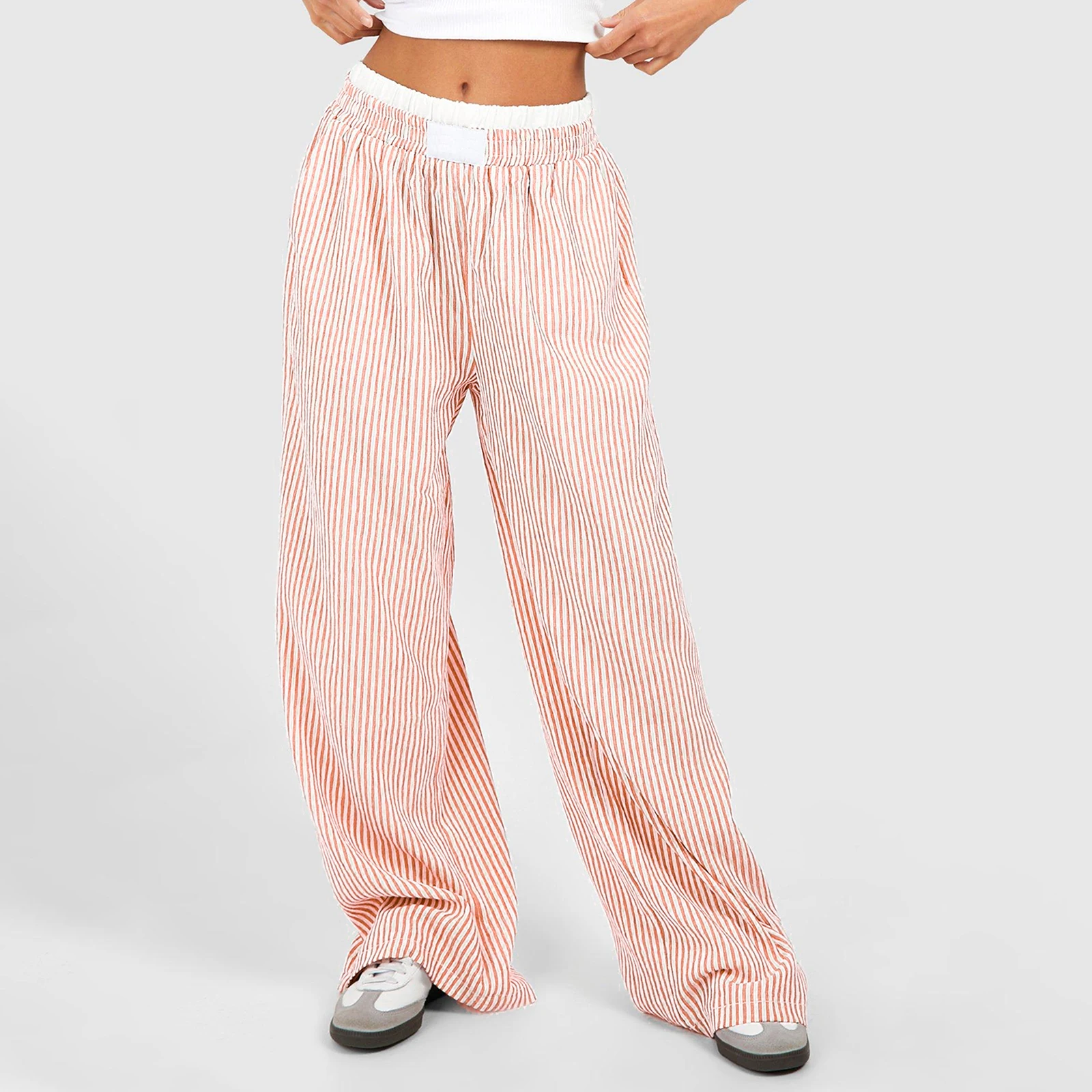 

Женские винтажные широкие Пижамные брюки Combhasaki Y2K в полоску, эластичные, широкие, с высокой талией, свободные, удобные, повседневные, длинные пижамные брюки