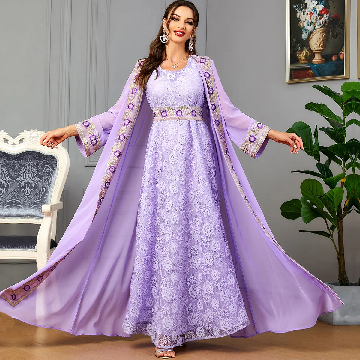 Moroccan 2 Piece Abaya Set Jilbabs For Woman Chic Purple Chiffon Lace Tape Belted Arabic Gown Ramadan Musulmane Caftan
Moroccan 2 Piece Abaya Set Jilbabs For Woman Chic Purple Chiffon Lace Tape Belted Arabic Gown Ramadan Musulmane Caftan