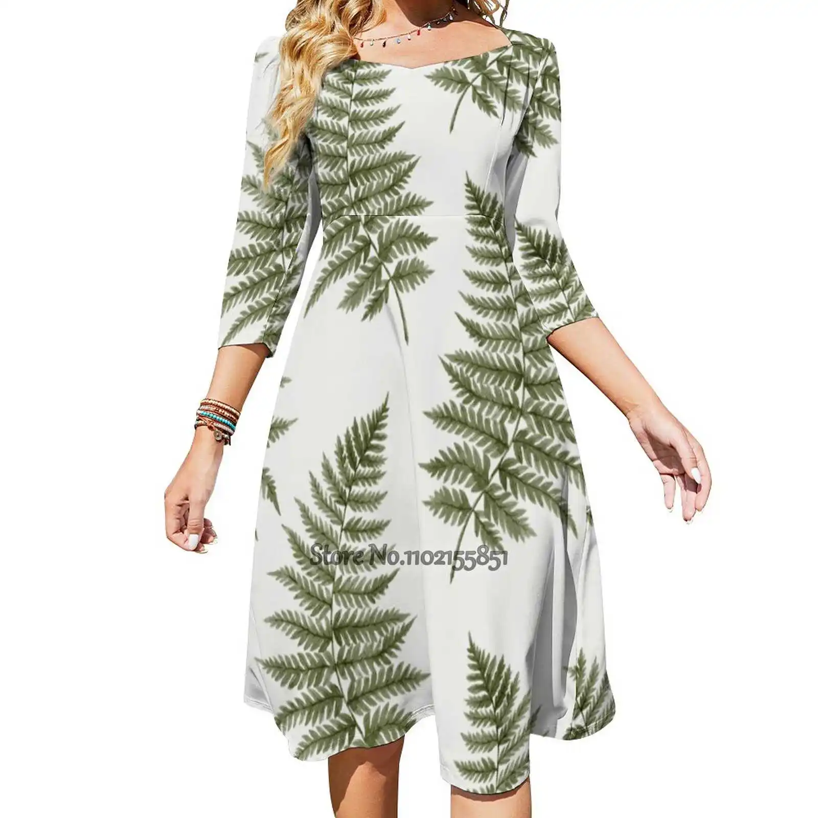 

Green Watercolor Fern Pattern Square Neck Dress Summer Dress Women Elegant Halter Print Dress Leaves Isolated Foliage Floral