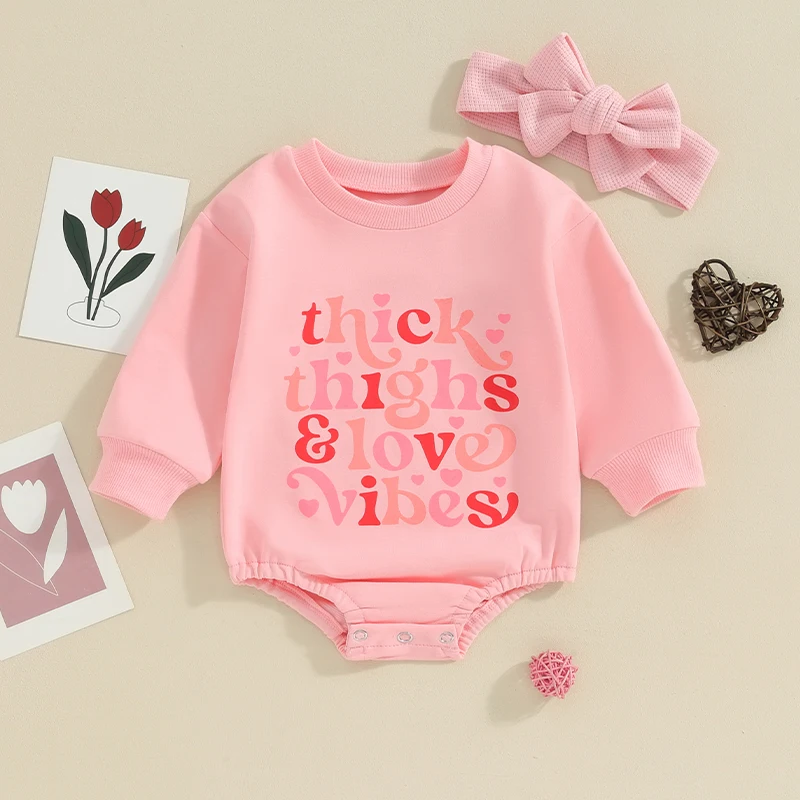 

SUNSIOM Baby Girls Valentine's Day Rompers Long Sleeve Crew Neck Heart Letter Print Bodysuit with Headband Outfit