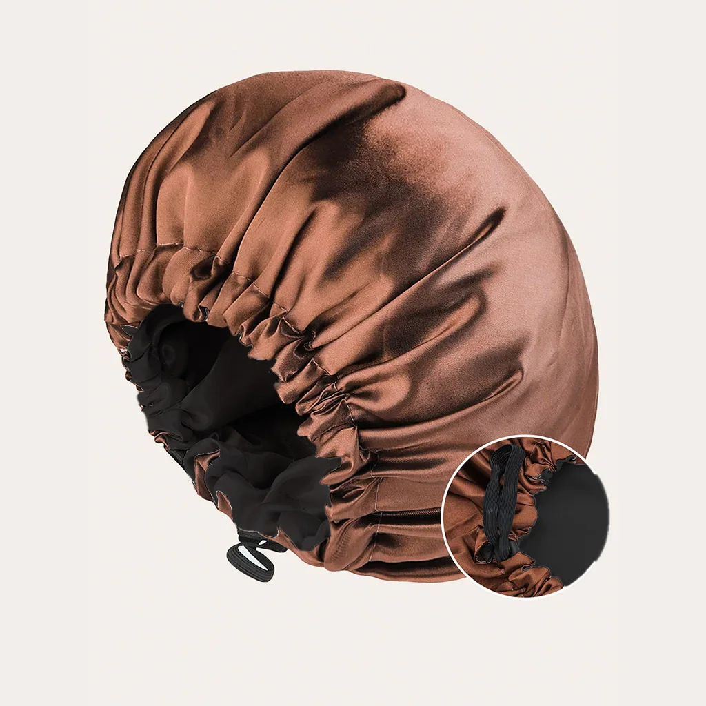 Bonnet en satin pour dormir, bonnet soyeux, grand, double couche, réversible, réglable, bonnet de sommeil utilisé pour le soin des cheveux, vente en gros 4