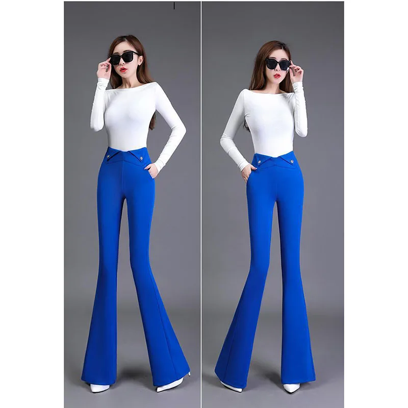 

Spring Autumn New Ladies' High Waist High Elasticity Slim Drooping Bell-bottoms Casual Comfortable Solid Color Elegant Trousers