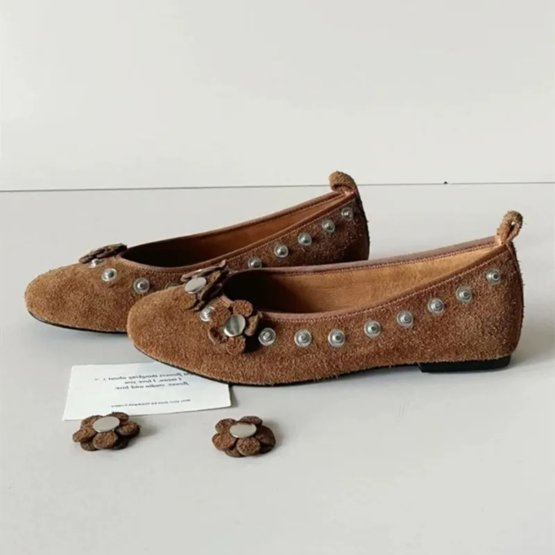 Brown Metal Button Flower Decoration Ballet Flats women Faux Suede Design Loafers Elegant Comfortable Mary Jane Shoes for Women 27 Scd032bb871114b4db0ce324cd900b9c8K