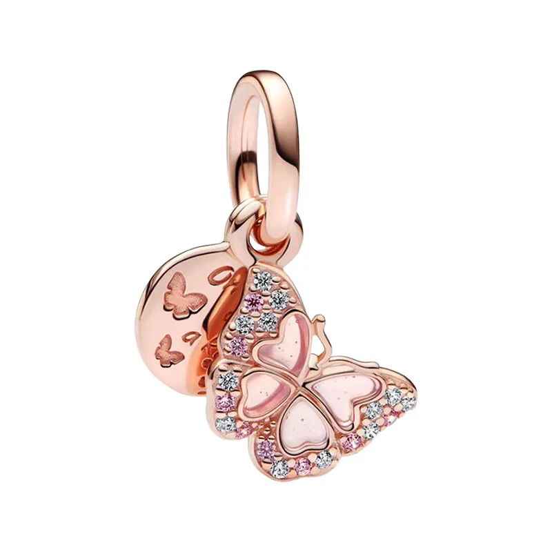 

Rose Gold Double Pendants Charms For Women Original Jewelry Pink Zircons Enamel Hearts Butterfly Round Quote Disc One Of A Kind