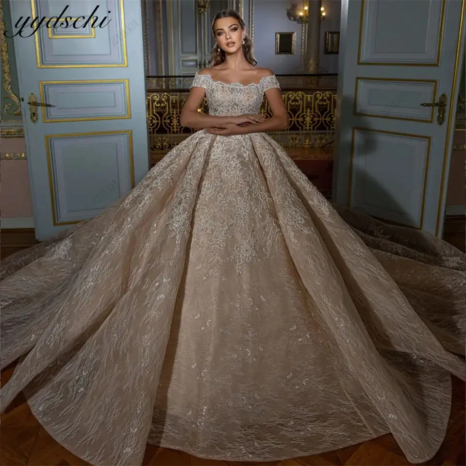 

Luxury 2024 Boat Neck Appliques Off Shoulder Ball Gown Tulle Wedding Dress For Women Sleeveless Chapel Train Bridal Gown