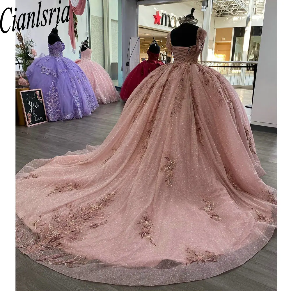 

Pink Pearls Beading Off The Shoulder Ball Gown Quinceanera Dresses Sequined Appliques Lace Pleat Corset Vestido De 15 Anos