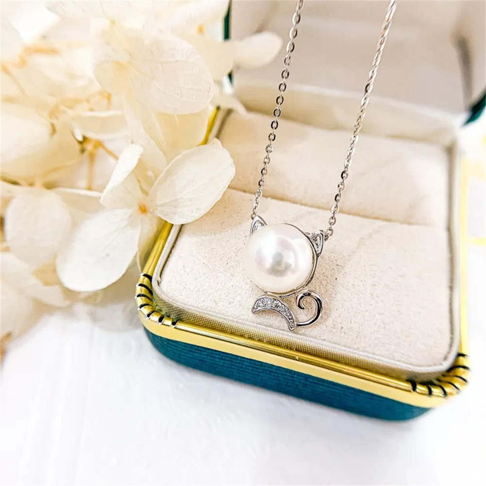 

DIY Pearl Accessories S925 Sterling Silver Pendant Empty Kitten Gold Silver Necklace Pendant Fit 8-9mm Round Flat D331