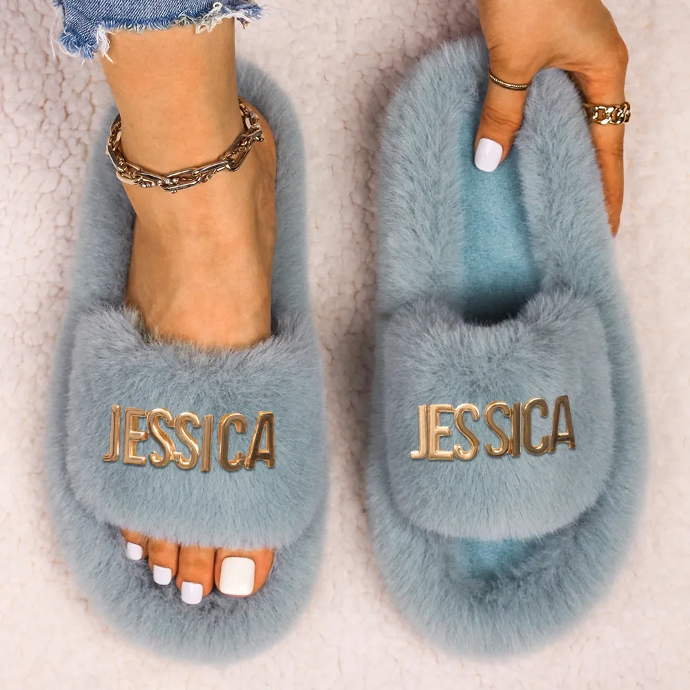 

Women's Faux Fur Slippers Fluffy Flip Flops Furry Plush Slides Letter Decor Custom Name Flat Sandal Customized Personalized Gift