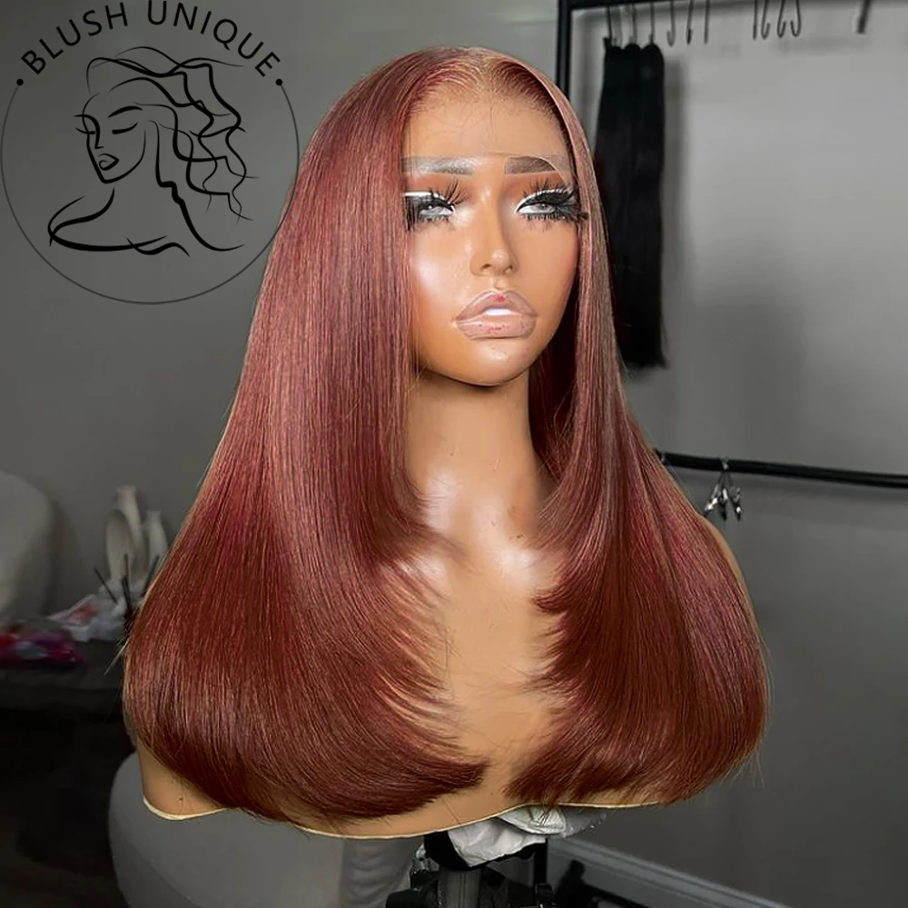 

Reddish Brown Layered Front Wigs Synthetic 13X4 HD Lace Wigs For Black Women Copper Red Layered Cut Wig Glueless Straight Wigs