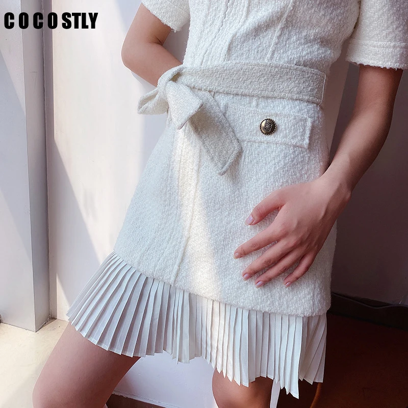 

New 2024 Winter Dress Office ladies dress round neck short sleeve Tweed dress elegant mini white dress womens y2k fashion