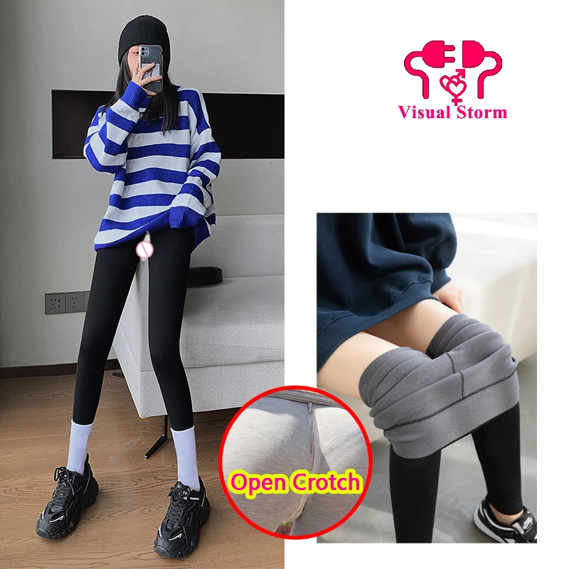 

Women Open Crotch Sexy Winter Gym Leggings Thick Sport High Rise Clubwear Yoga Fitness Crotchless Pants Hidden Zippers Trousers