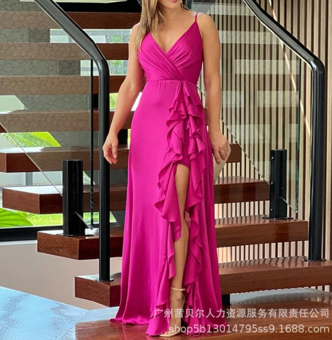 Rose Red Irregular Hem with Ruffled Edge and Side Slit Suspender, Solid Color Suspender, Summer Women's Floor Mop Fashion Dress
Rose Red Irregular Hem with Ruffled Edge and Side Slit Suspender, Solid Color Suspender, Summer Women's Floor Mop Fashion Dress