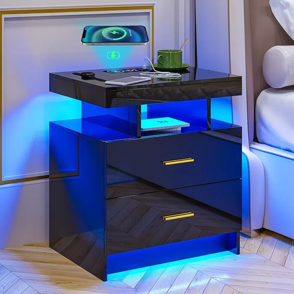 

Furnitures Modern Bedside Table Has Auto Sensor 24 Light Colors&2 Drawer LED Nightstand Designer Luxury Bag Sss Supply Furniture