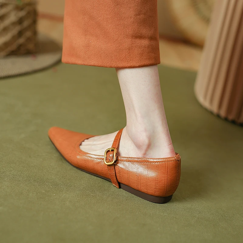 

Women Flats On Low Heel Pointed Toe Mary Jane Spring Autumn Simple Shoes Woman Sheepskin French Style Flat Shoe