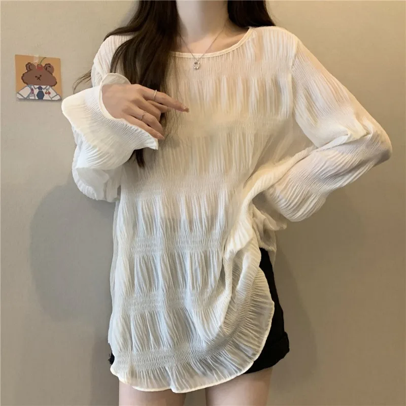 

Women's 2024 Summer New Solid Color Korean Commute Loose Spliced Ruched Thin All-match Midi Crew Neck Long Sleeve T-shirts Tops